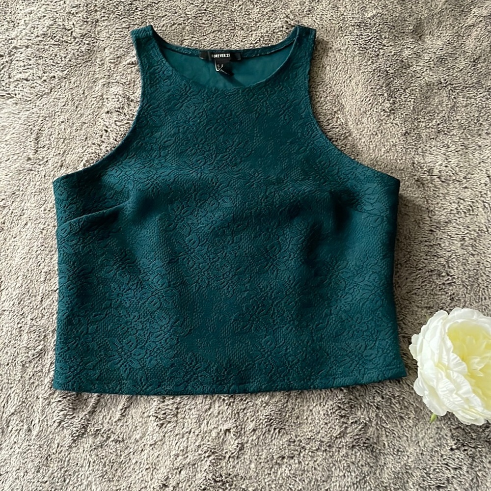Forever 21 💚 Dark Teal Lace Design Cropped Tank with Side Zip & Back Pleats, M